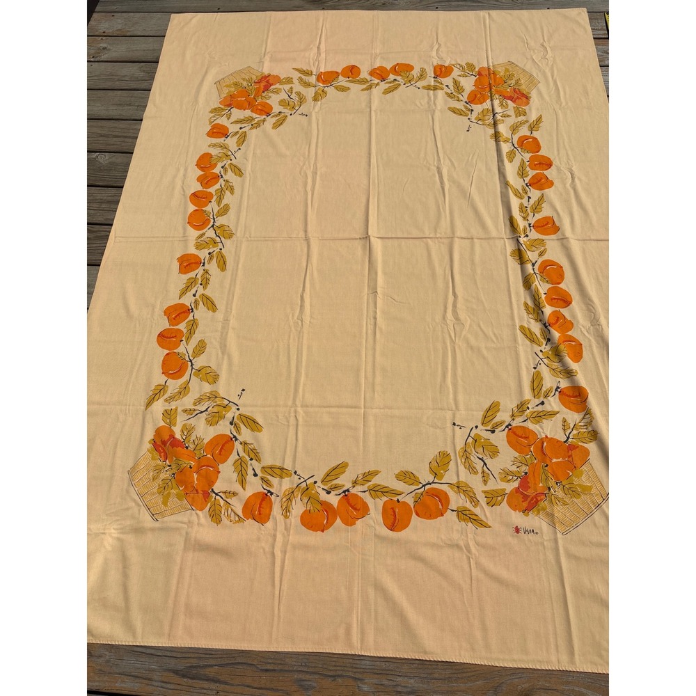 Vintage Vera Neumann Tablecloth Peach Fruit Basket Tan Rectangular 52x80